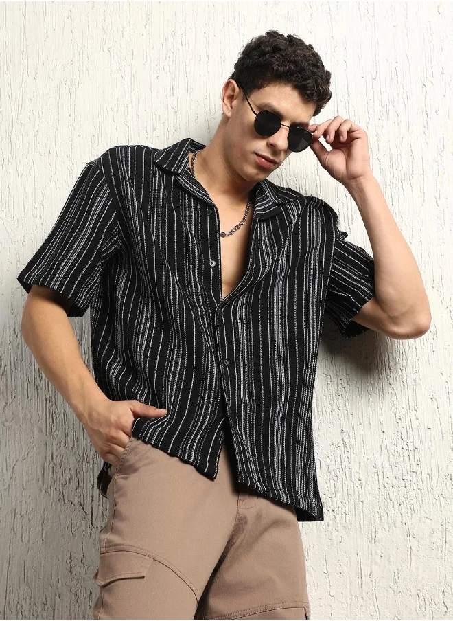 Hubberholme Men's Black Cotton Blend Striped Button Down Oversized Shirt
