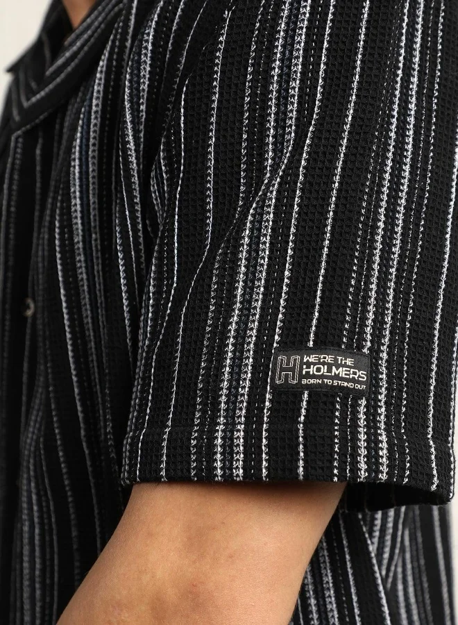 Hubberholme Men's Black Cotton Blend Striped Button Down Oversized Shirt
