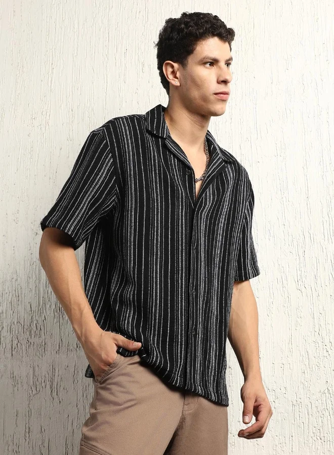 Hubberholme Men's Black Cotton Blend Striped Button Down Oversized Shirt