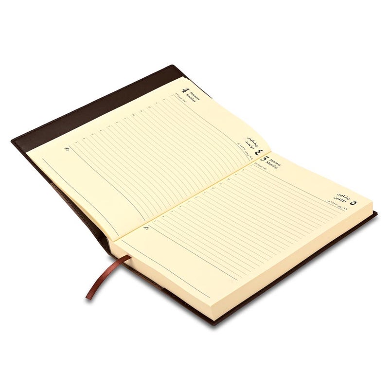 FIS 2026 A5 Diary, 148x210mm, Soft Jacket Italian PU Cover with Sewing, 1 Day Page Format, 384 Pages, Arabic/English, 70gsm Italian Ivory Paper, Dark Brown Cover - FSDI17AE26DBR - Image 3