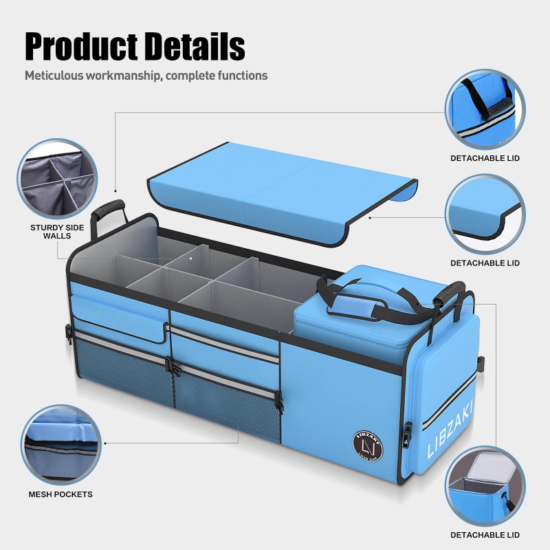 LI LIBZAKI LIBZAKI Oversize 4 in 1 Car Trunk Storage Organizer, Multi Compartment Collapsible Trunk Storage Box with Cooler Bag for Car Truck SUV-Light Blue - Image 4
