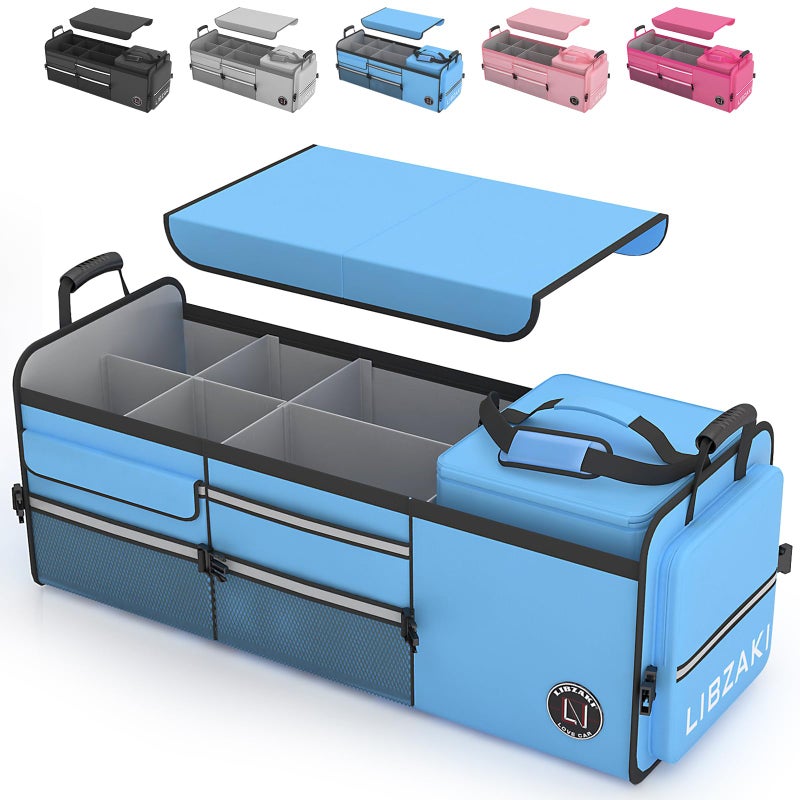 LI LIBZAKI LIBZAKI Oversize 4 in 1 Car Trunk Storage Organizer, Multi Compartment Collapsible Trunk Storage Box with Cooler Bag for Car Truck SUV-Light Blue - Image 1