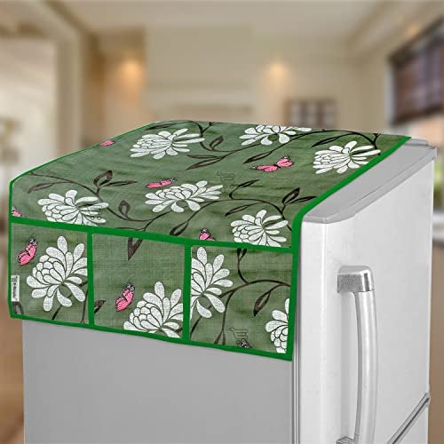 E-Retailer® PVC Waterproof 3-Layered Fridge Top Cover/Refrigerator Cover With 6 Utility Pockets (Color-Green, Size-39x21 Inches) - Image 1