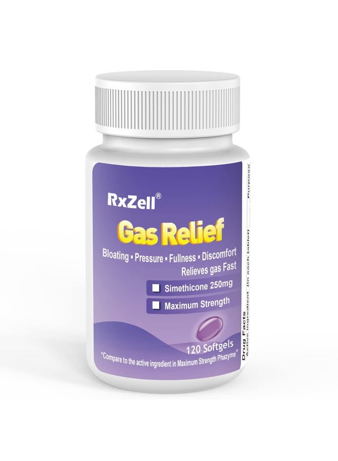 RXZELL "Gas Relief, Maximum Strength Simethicone 250Mg, 120 Softgels - Anti Flatulence Relieves Fast Gas, Helps Swelling, Upset Stomach, Fullness And Pressure Relief Pills - Image 1