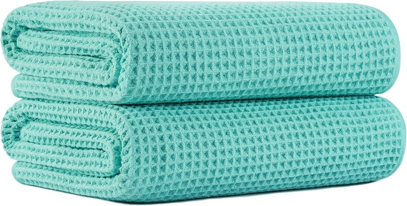 MICROFI New Microfiber Waffle Bath Towels, 2 Pieces, Oversized, Soft, Absorbent, Fast Drying, Lint Free (Turquoise) - Image 1