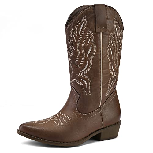 mysoft Cowboy Boots For Women - Western Cowgirl Boots Mid Calf Chunky Heel Booties Pointed Toe Country Shoes - Image 1