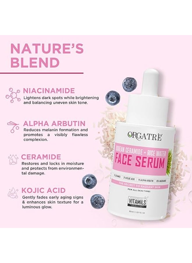 ORGATRE Korean Ceramide & Rice water Face Serum for Glass Skin | Brightening, Even Skin Tone & Dark Spot Care| with Kojic Acid, Alpha Arbutine, Niacinamide | 30 ml - Image 3