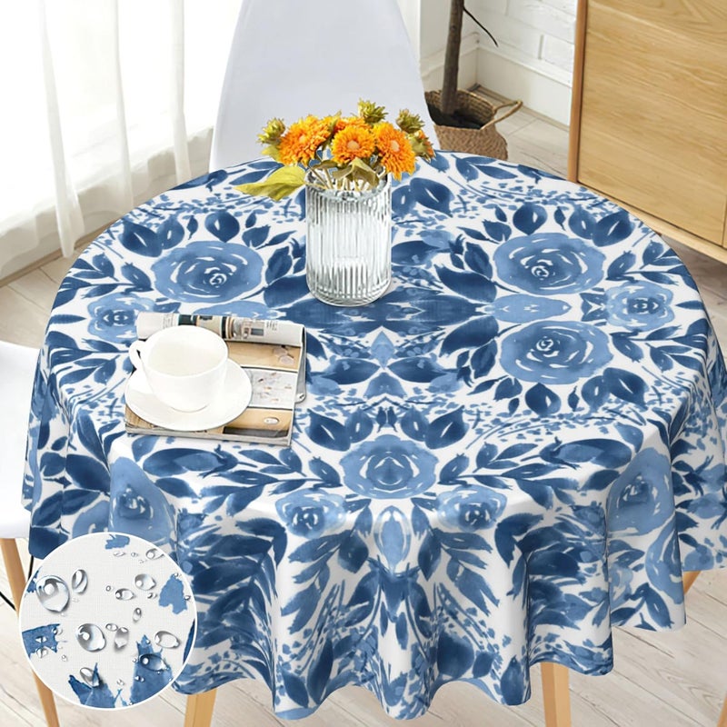 Arroganttiom Round Tablecloth 70 inch, Floral Round Table Cloth, Stain Resistance, Water Repellent and Wrinkle-Free, Blue Flower Tablecloth for Home Kitchen Dining Party Indoor and Outdoor Use - Image 1