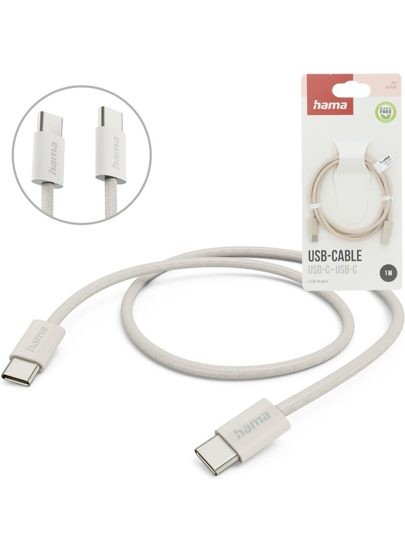 Hama Fabric Braided USB C to USB C Cable 1m Fast Charging Cord 60W USB-C Type C Data Sync Cable 480Mbps for Samsung Galaxy MacBook iPad Pro Android Phone Tablet Beige Nylon