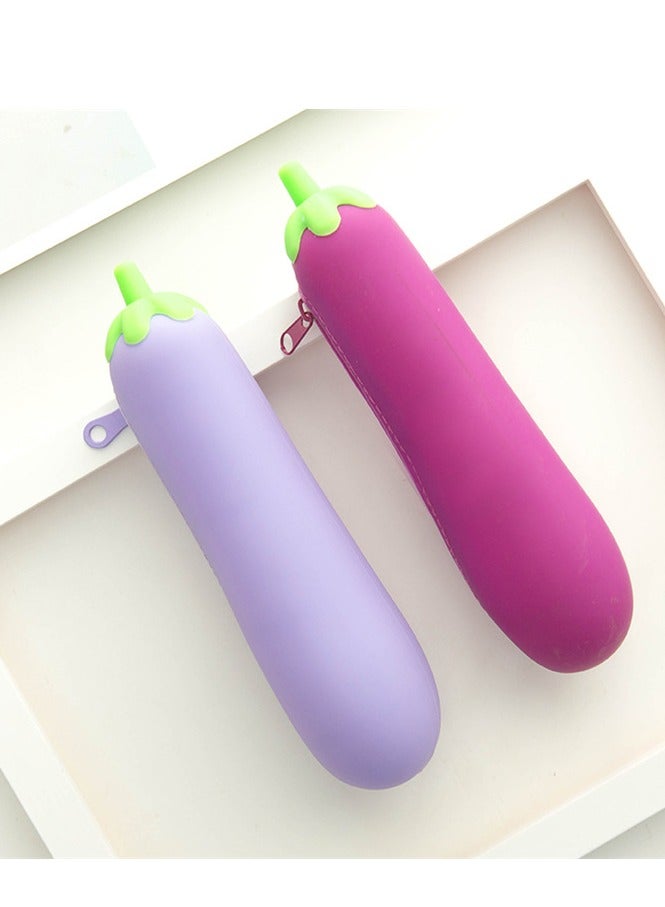 عام حقيبة أقلام بسحاب على شكل باذنجان من السيليكون بلونين داكن وفاتح، كبيرة الحجم، حقيبة أقلام مبتكرة تحاكي الواقع، لطيفة وشخصية للطلاب. - Image 1