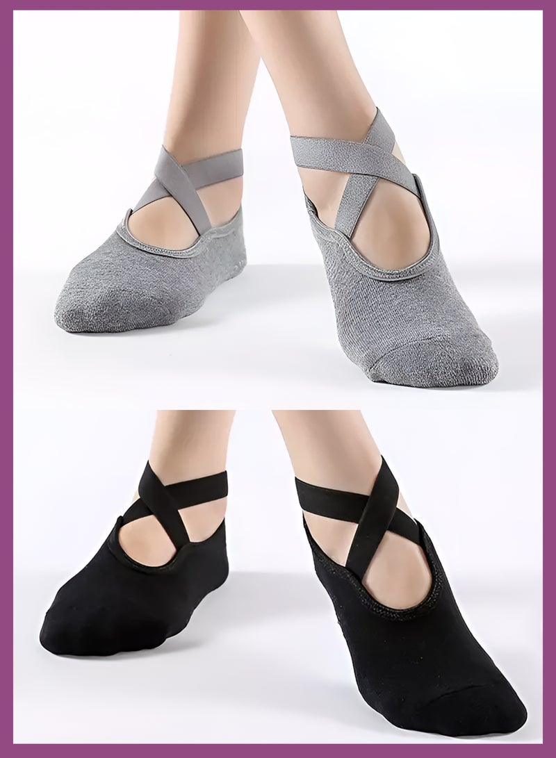 توشيونيكس 6 أزواج من جوارب اليوجا والبيلاتس غير القابلة للانزلاق للنساء، جوارب رياضية متعددة الأغراض مضادة للانزلاق وجيدة التهوية من القطن مع أحزمة ونعل مبطن، مثالية للبيلاتس والباليه والرقص واللياقة البدنية والجيم والتمارين حافي القدمين واليوغا وتمارين الأرضية، مقاس واحد (أسود ورمادي) - Image 5