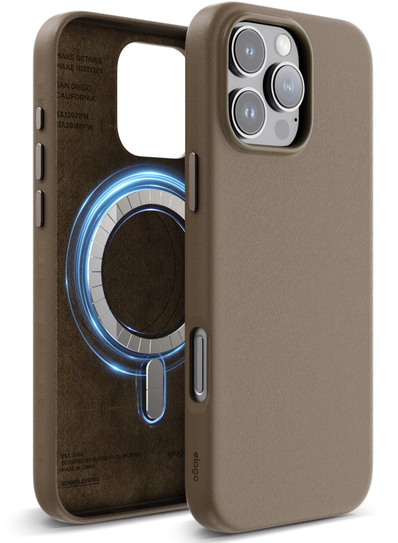 Elago Magnetic Leather Case for iPhone 16 Pro MAX Compatible with MagSafe, Vegan Leather, Shockproof, Water-Resistant - Taupe