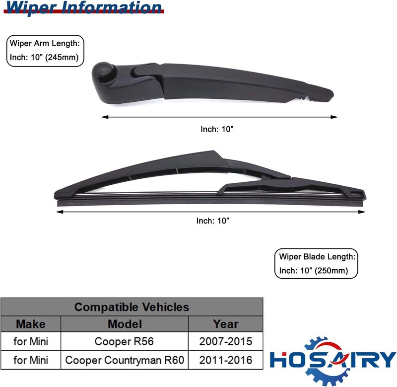 HOSAIRY مجموعة شفرات ذراع المساحات الخلفية HOSAIRY لسيارة ميني كوبر R56 (2007-2015) و Countryman R60 (2011-2016) - Image 2
