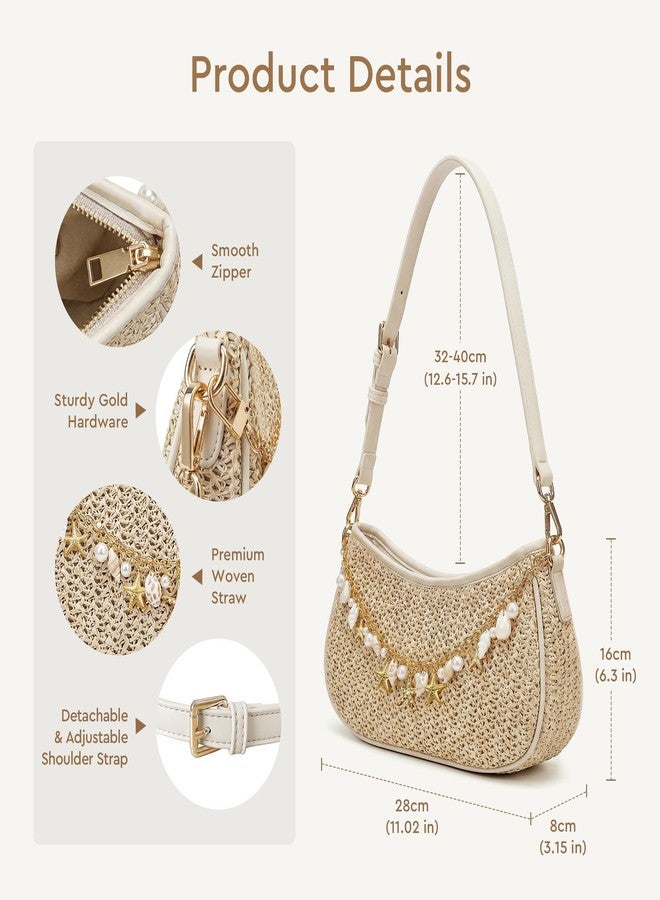 CHUNLI Straw Shoulder Bag for Women, Boho Woven Raffia Hobo Purse with Charm Chain, Adjustable Strap Summer Beach Vacation Bag - Image 4