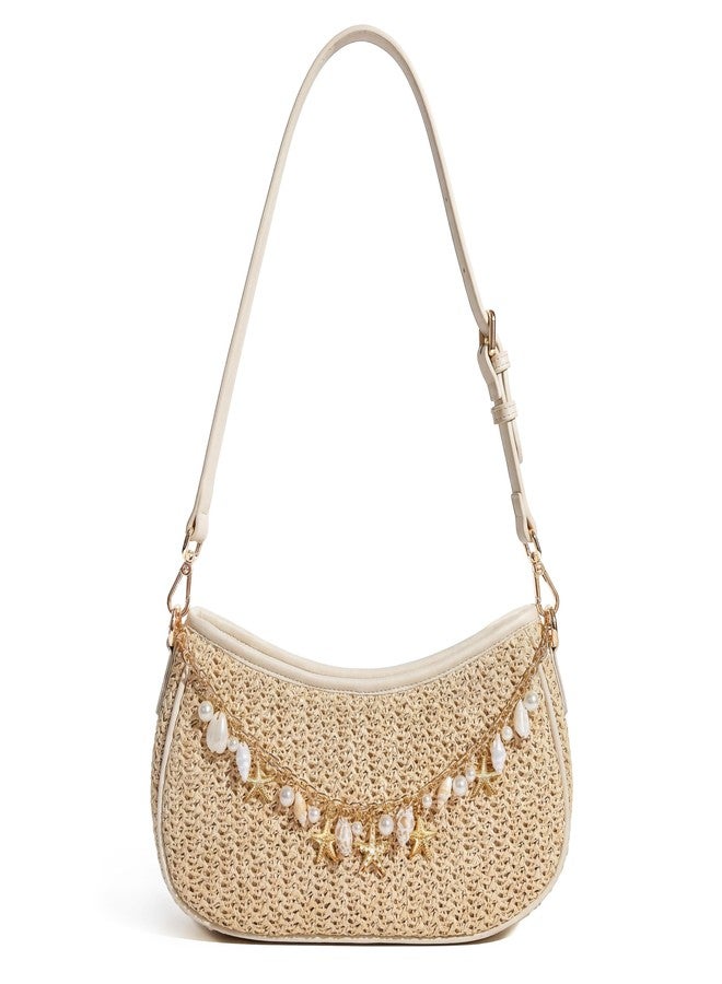 CHUNLI Straw Shoulder Bag for Women, Boho Woven Raffia Hobo Purse with Charm Chain, Adjustable Strap Summer Beach Vacation Bag - Image 1