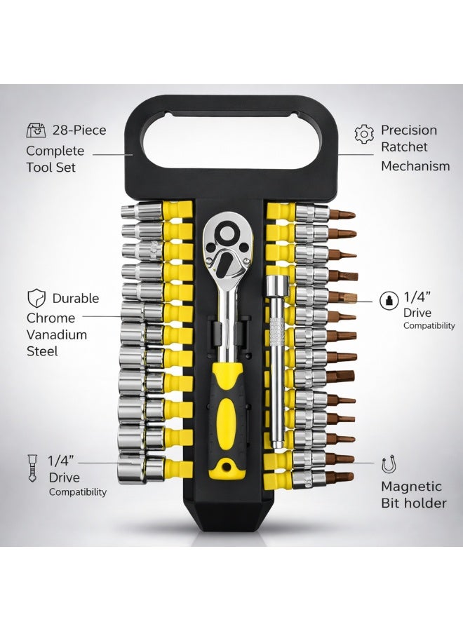 Manful 28Pcs Socket Wrench Set with Ratchet Handle – Steel Socket Tool Kit with Extension Bars, Universal Joint & Metal Storage Case - Image 4