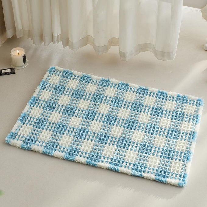 WAFFLE BATH MAT BOHO BATHROOM RUGS NON SLIP WASHABLE ABSORBENT CHECKERED BATHROOM MAT QUICK DRY CUTE BATH MAT 30X20 BLUE AND WHITE