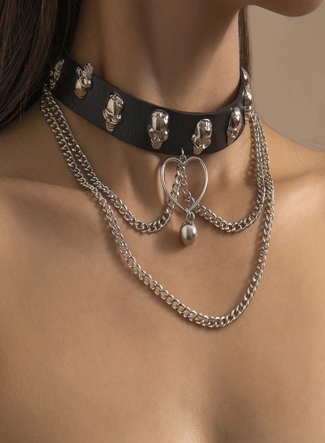 Chargances Punk Heart Black PU Leather Choker Necklace for Women Gothic Layered Skull Choker Soft Collar Chain for Women Gift Party (Style 2) - Image 2