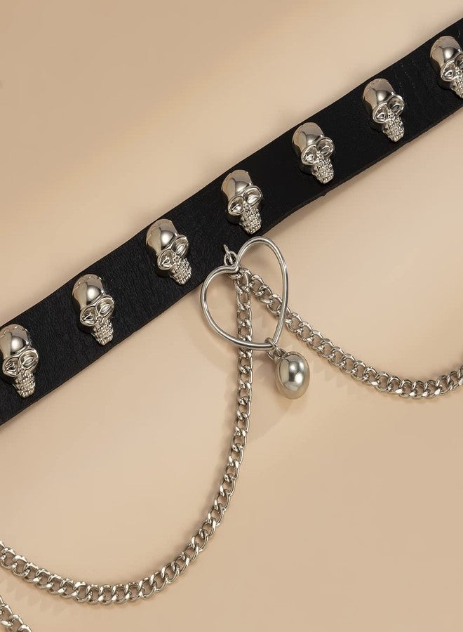 Chargances Punk Heart Black PU Leather Choker Necklace for Women Gothic Layered Skull Choker Soft Collar Chain for Women Gift Party (Style 2) - Image 3