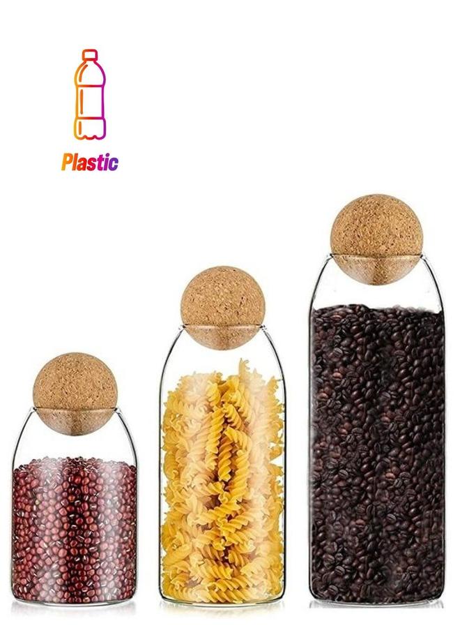 BGM Neoflam Glass Food Storage Jars With Wood Lid Ball, Bamboo Containers Good Sealing & For Kitchen Counter, Pantry, Tea, Sugar, Flour, Cork Transparent Borosilicate Sealed Can. Multicolour - Image 1