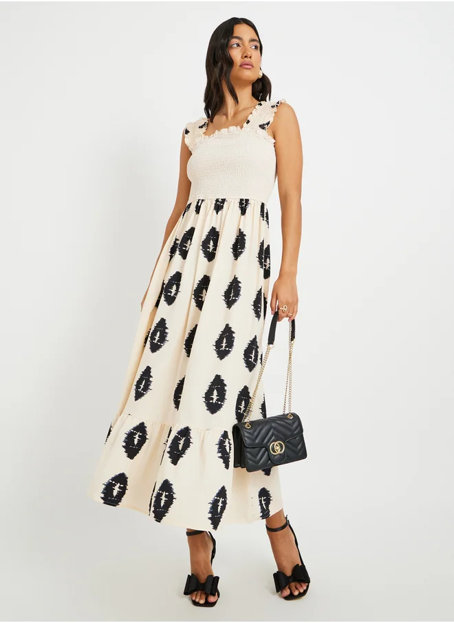 ستايلي Printed Sleeveless A-Line Maxi Dress with Smocked Detail