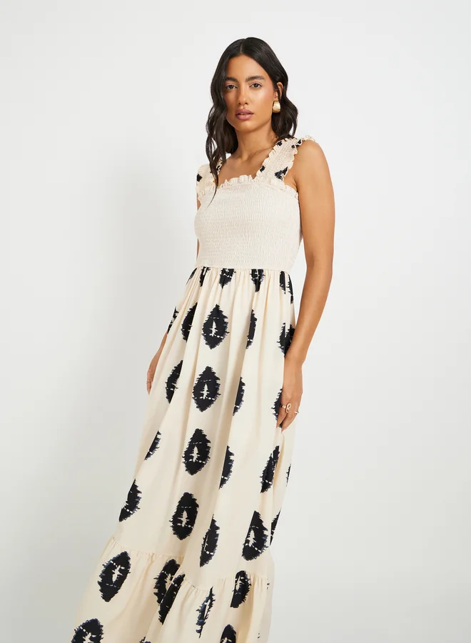 Styli Styli Printed Sleeveless A-Line Maxi Dress with Smocked Detail