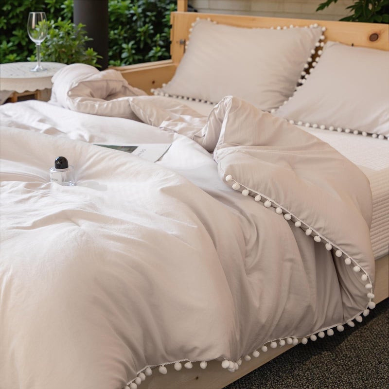 Bedbay Beige Boho Comforter Set Pom Pom Comforter Queen Aesthetic Room Decor Cute Ball Fringe Farmhouse Bedding Set Ultra Soft Microfiber Lightweight Comforter Set