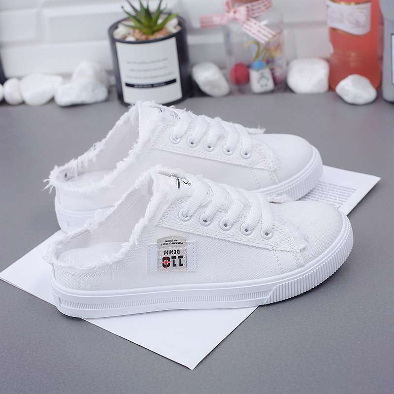 2025 Spring And Canvas Slip-On Half-Slip Flat White Shoes For Female Students, Versatile And Breathable - Image 1