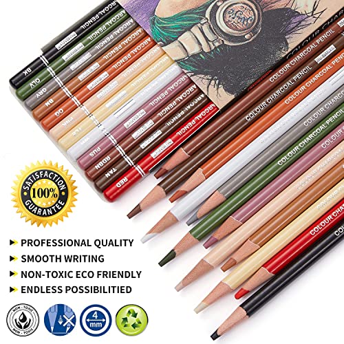 PANDAFLY Professional Colored Charcoal Pencils Drawing Set, Skin Tone Colored Pencil, Pastel Chalk Pencils for Sketching, Shading, Coloring, Layering & Blending, 12 Colors - Image 2