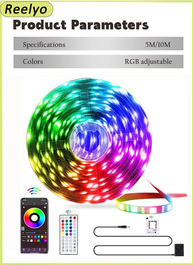 Reelyo 5M/10M Smart COB LED Strip Lights Intelligent RGB Controllable Color Light Led TV Backlight 5V Supports Bluetooth from mobile phone or remote control LED Strip Lights, Waterproof LED Strip Kit, Super Bright LED Tape Lights USB Powered Flexible Under Cabinet Light for Bedroom,Kitchen,Home Vanity Mirror Lighting Decor Bedroom Cabinet Boat Decor And Party Dance Floor Bar Disco Atmosphere (UK Plug) - Image 2