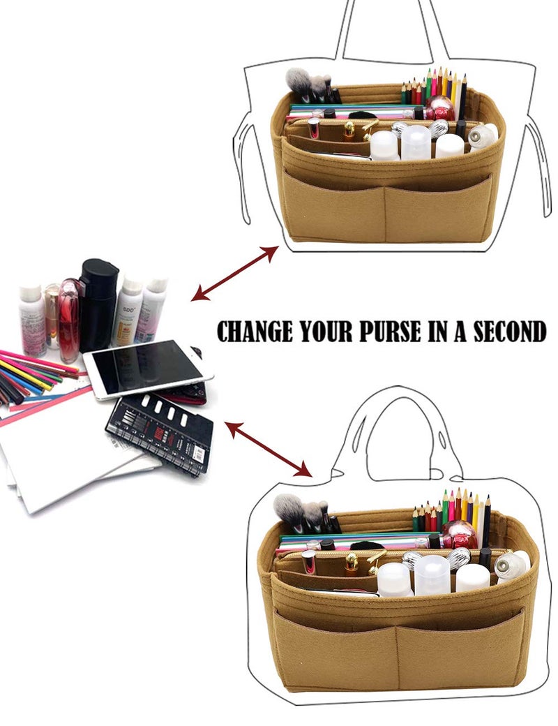 LEXSION Felt Purse Bag Organizer Insert with zipper Bag Tote Shaper Fit Speedy Neverful PM MM 8021 Ligth brown L - Image 5