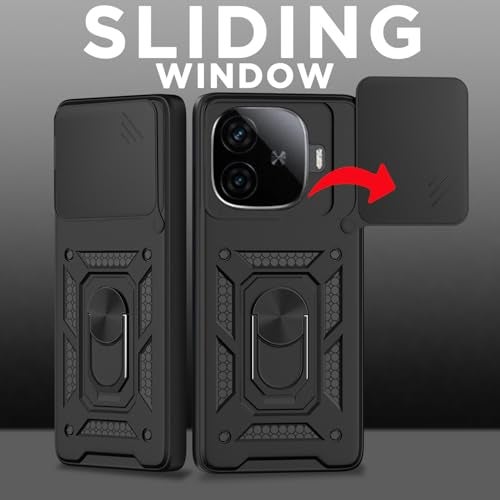 Pikkme Back Cover for iQOO Neo 10R 5G / iQOO Z9 Turbo 5G / Vivo Y200 GT 5G | Sliding Camera Shield with Ring Stand | D10 Full Camera Protection Bumper Case (Black) - Image 2