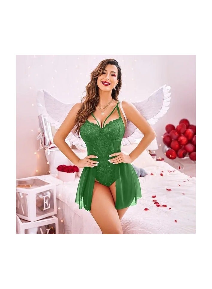 1-Piece Adjustable Straps Lace Nightgown,Slim Women Lingerie Dress,Nightwear Sleeping Dress,Ladies Home Dressing,Colour Green - Image 4