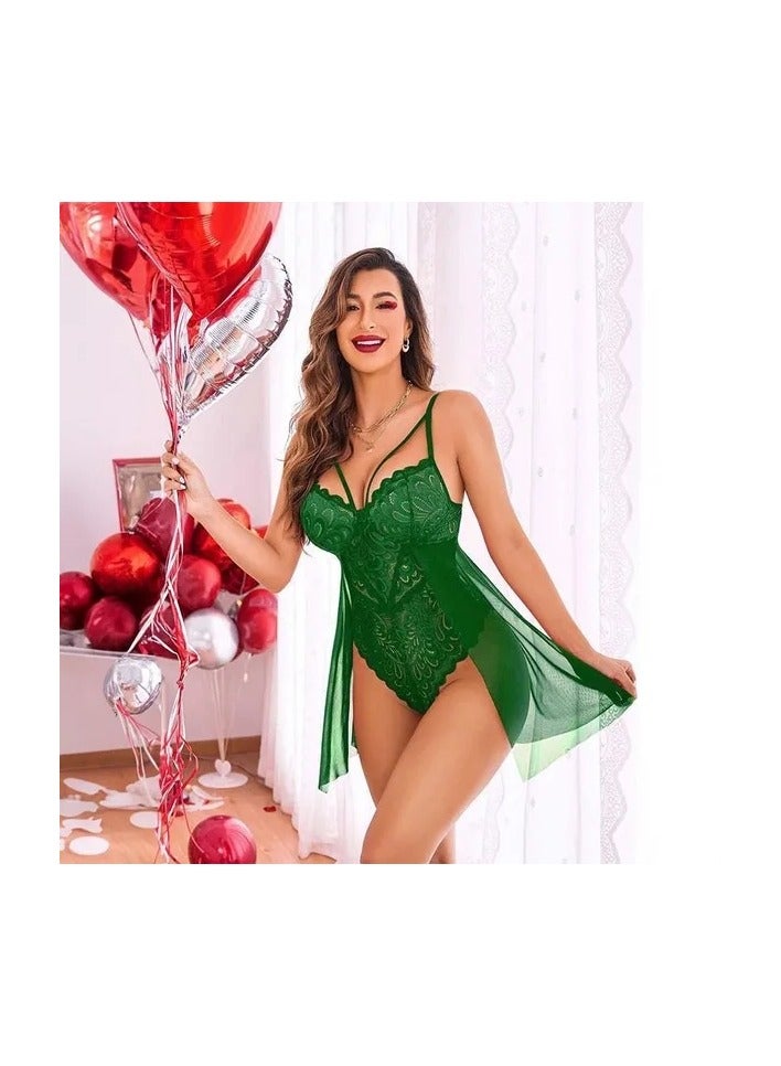 1-Piece Adjustable Straps Lace Nightgown,Slim Women Lingerie Dress,Nightwear Sleeping Dress,Ladies Home Dressing,Colour Green - Image 5