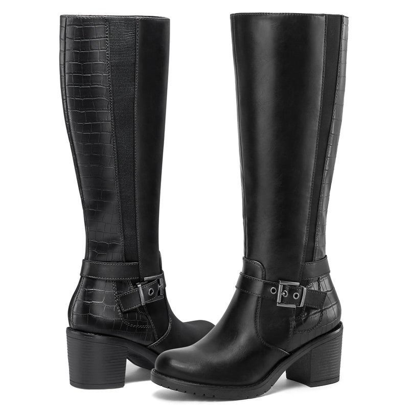 mysoft Women's Knee High Boots Chunky Block Heels with Side Zipper and Stretchy Elastic Panels - Image 4