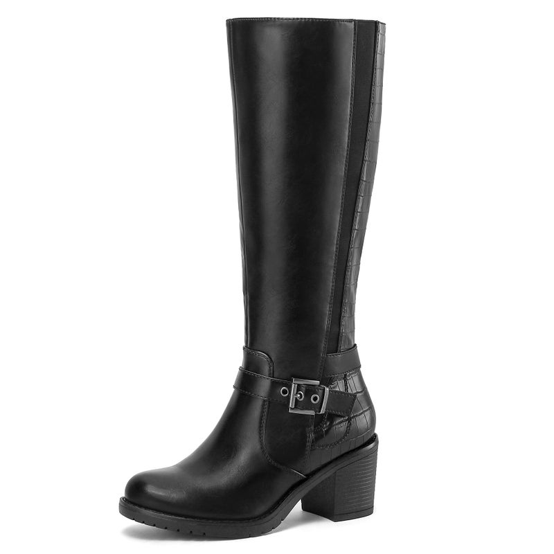 mysoft Women's Knee High Boots Chunky Block Heels with Side Zipper and Stretchy Elastic Panels - Image 1