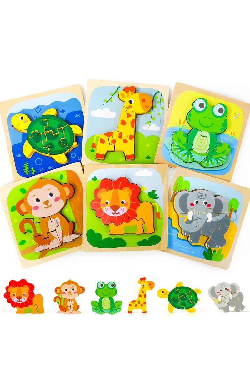 6 Pack 3D Animal Jigsaw Puzzles Set, Wooden Toddlers Puzzles Toys for Kids Ages 1-5, Preschool Learning Toys Boys Girls Gifts - Image 1