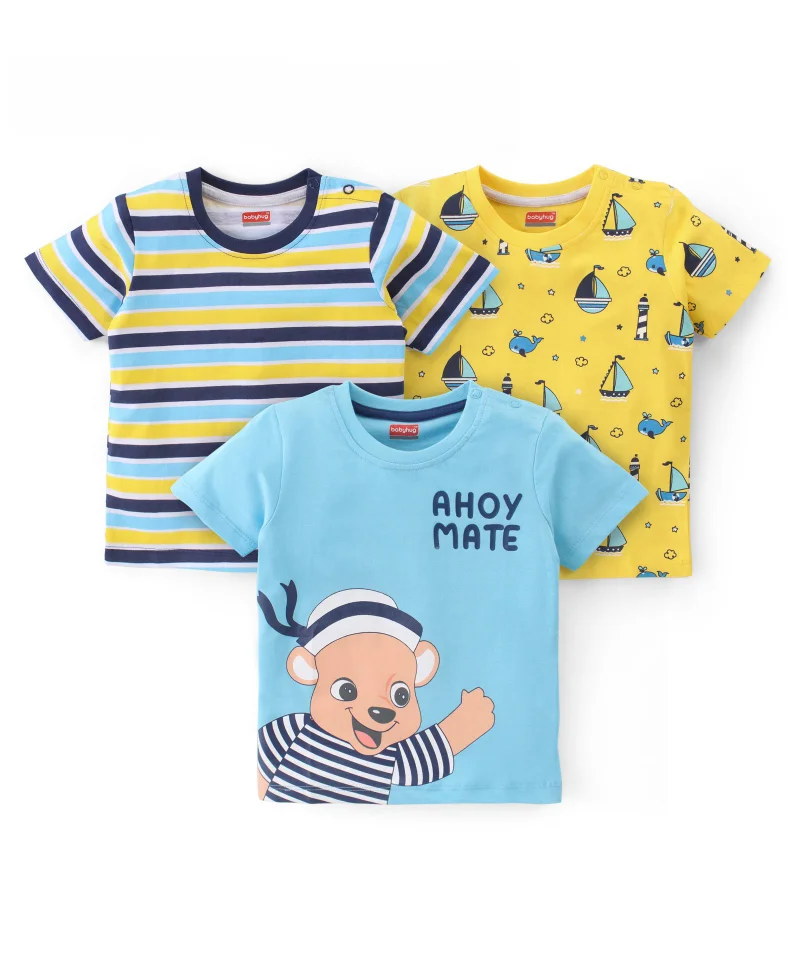 babyhug Babyhug Cotton Knit   Half Sleeves T-Shirts Striped Teddy  & Boat Graphics Pack of 3  -  Multicolour