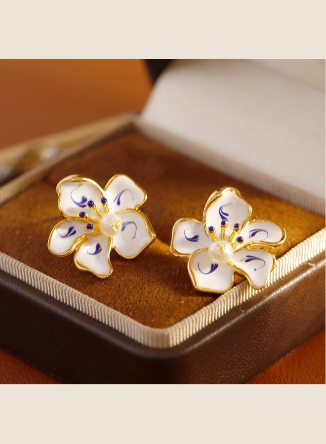 White Porcelain Enamel Fower Earrings Original Design New Elegant Trend Personality Designer Earrings for Women 925 Silver Needle  - Image 1