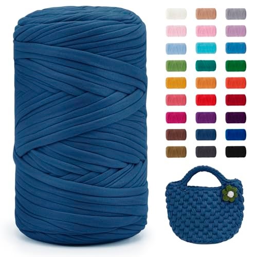 Uiopa Denim Blue TShirt Yarn 400g120m Elastic Fabric Crochet Cloth T Shirt Yarn Chunky Hand Knitting Polyester Ribbon for Crocheting BagsBasketsRugs Home Decor DIY Crafts