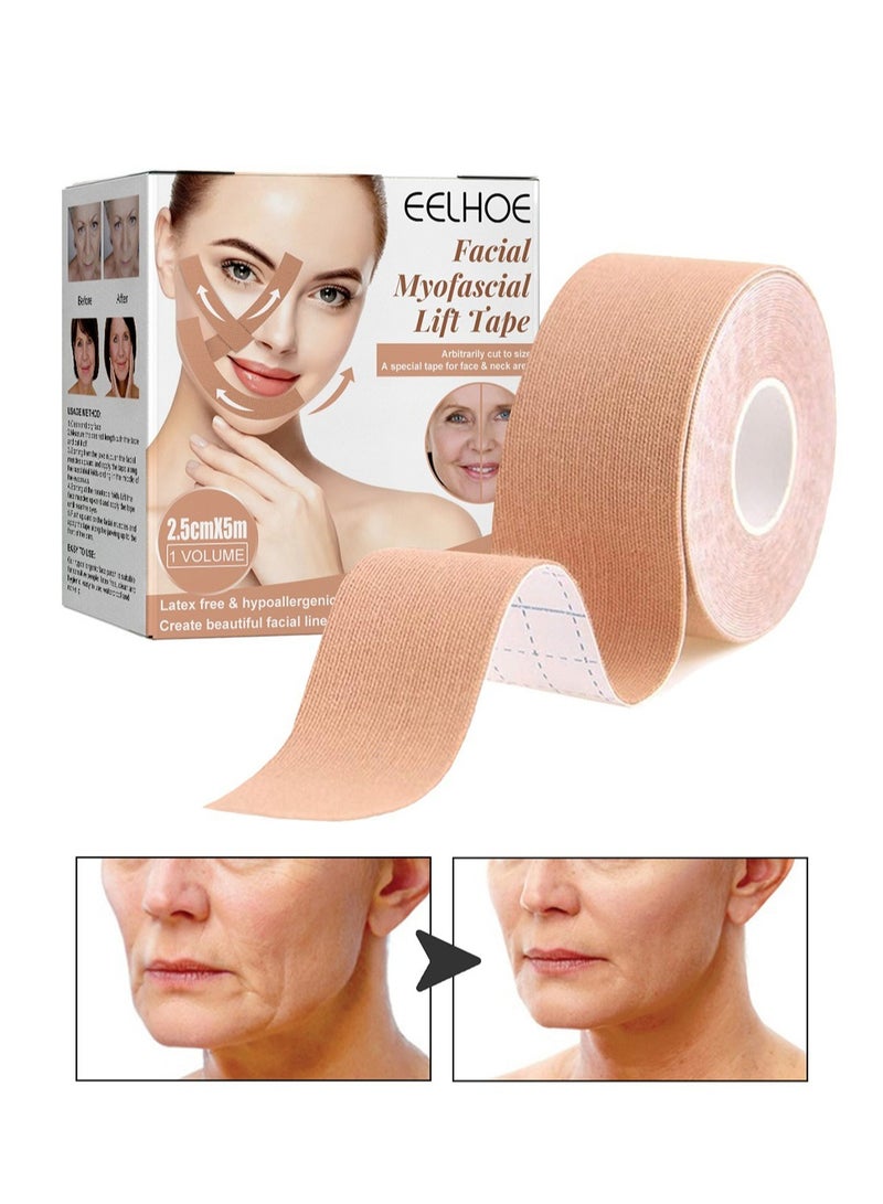 إيلهو شريط شد الوجه العضلي اللفافي، ملصقات شد الوجه لشد الجلد، شريط شد مقاوم للماء وجيد التهوية للوجه والرقبة، 2.5 سم × 5 متر - Image 1