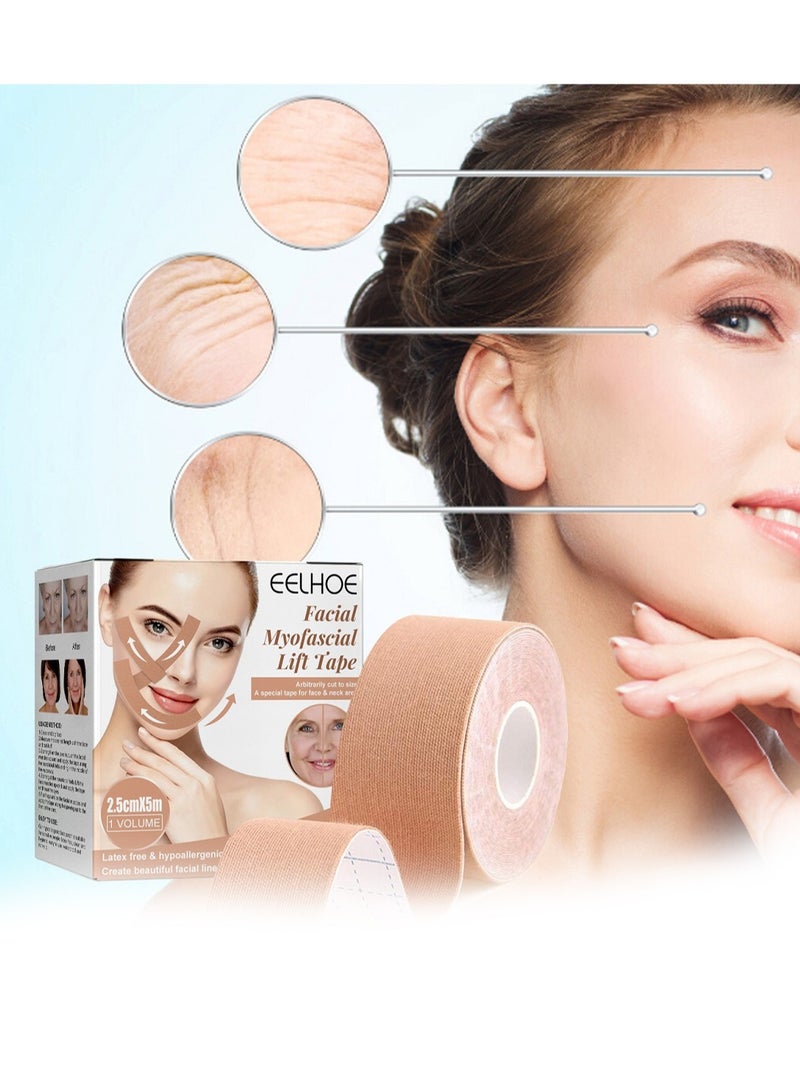إيلهو شريط شد الوجه العضلي اللفافي، ملصقات شد الوجه لشد الجلد، شريط شد مقاوم للماء وجيد التهوية للوجه والرقبة، 2.5 سم × 5 متر - Image 2