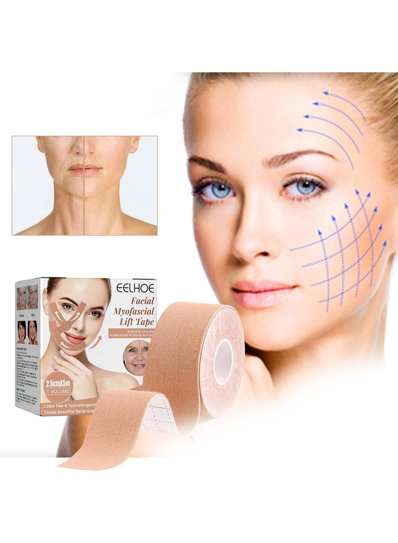 إيلهو شريط شد الوجه العضلي اللفافي، ملصقات شد الوجه لشد الجلد، شريط شد مقاوم للماء وجيد التهوية للوجه والرقبة، 2.5 سم × 5 متر - Image 4