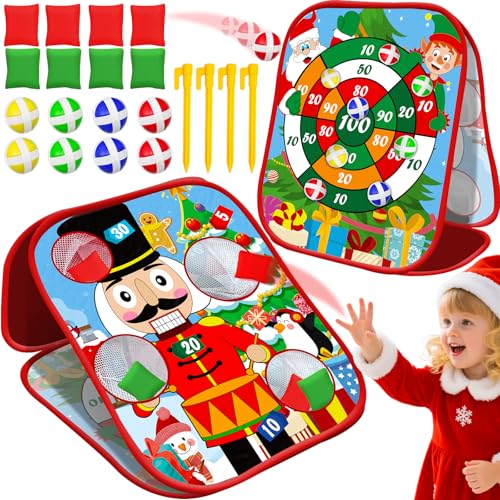 AMENON 2 In 1 Christmas Party Games for Kids Adults 20 Pcs Double Sided Foldable Board with Bean Bags Sticky Balls Toss and Dart Game Christmas Theme Gift for Family Xmas Party Favor Carnival Indoor Outdoor - Image 1