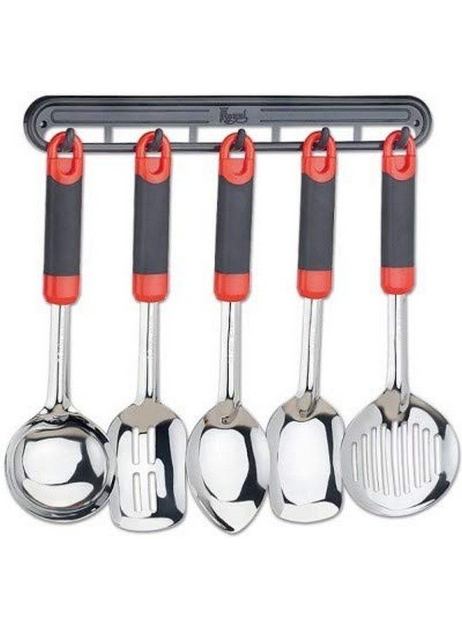 MOBDESK Stainless Steel Handy Cook-Serve Set, Cooking Utensil Set Serving Spoons with Plastics Handle,with Stand Set of 5(RED) (RED Steel Spoon) - Image 1