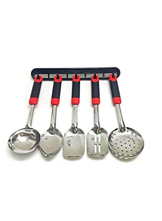 MOBDESK Stainless Steel Handy Cook-Serve Set, Cooking Utensil Set Serving Spoons with Plastics Handle,with Stand Set of 5(RED) (RED Steel Spoon) - Image 3