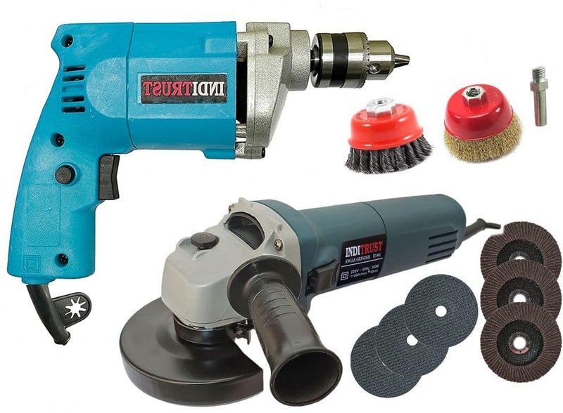 Inditrust 950w Blue Sliding Angle Grinder 4inch & 10mm electric Drill machine, 2pc Cup brush, 10M Bolt & 3pc Flap and 3pc Cutt Off Wheel set with 100% Copper Winding - Image 1