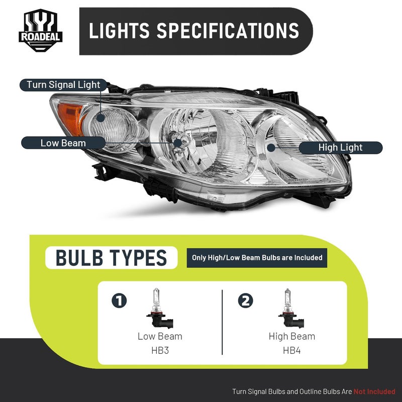 ROADEAL Headlights W/Bulbs for 2009 2010 Toyota Corolla Halogen Headlamp Replacement Driver & Passenger Side - Image 3