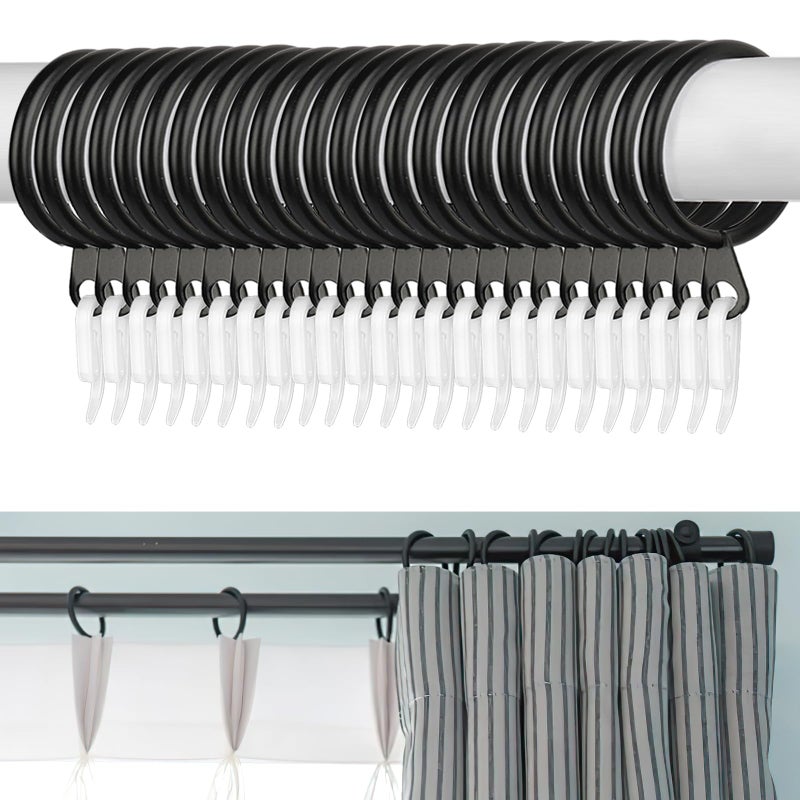 Curtain Rings 24pcs Black Metal Rings with 24pcs Plastic Hooks Drape Sliding Curtain Hanging Ring for Pole Rod 30 mm Internal Diameter