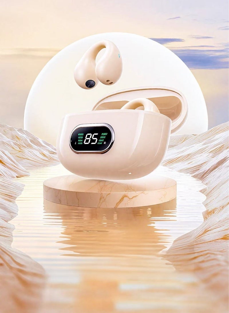 سماعات رأس لاسلكية بتقنية التوصيل العظمي ومشبك للأذن، سماعات رأس مفتوحة الأذن لاسلكية بتقنية البلوتوث، سماعات رأس بتقنية التوصيل العظمي وسماعات أذن بتقنية البلوتوث للركض والرياضة وركوب الدراجات (شاشة عرض باللون الكاكي) - Image 1